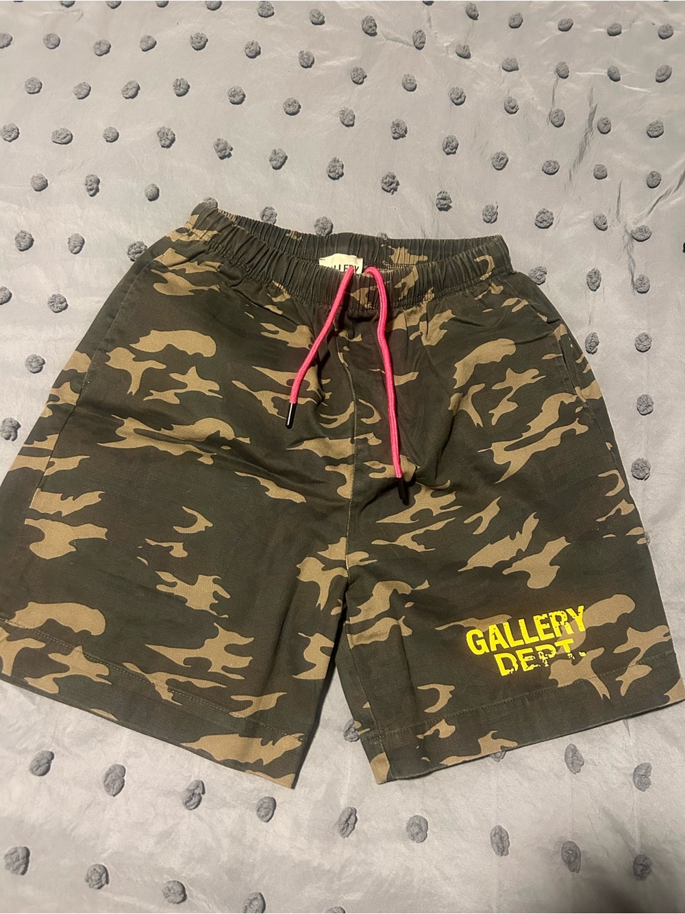 Gallery Dept Olive Camo Shorts with Pink Drawcord